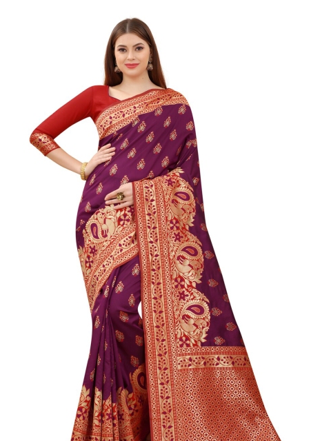 

MOKSHA DESIGNS Purple & Red Woven Design Zari Pure Silk Kanjeevaram Saree
