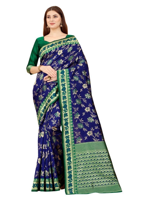

MOKSHA DESIGNS Blue & Green Woven Design Pure Silk Kanjeevaram Zari Saree