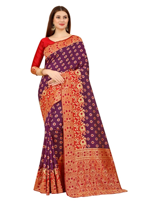 

MOKSHA DESIGNS Purple & Red Woven Design Zari Pure Silk Kanjeevaram Saree