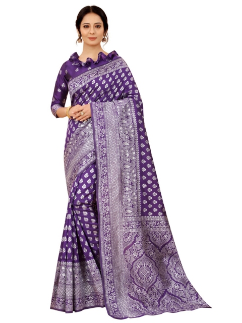 

MOKSHA DESIGNS Purple & Silver-Toned Ethnic Motifs Zari Pure Silk Kanjeevaram Saree