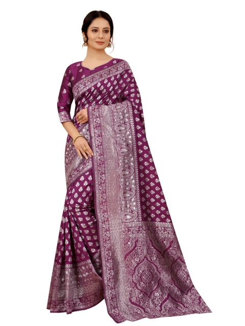 

MOKSHA DESIGNS Burgundy & Silver-Toned Woven Design Zari Pure Silk Kanjeevaram Saree