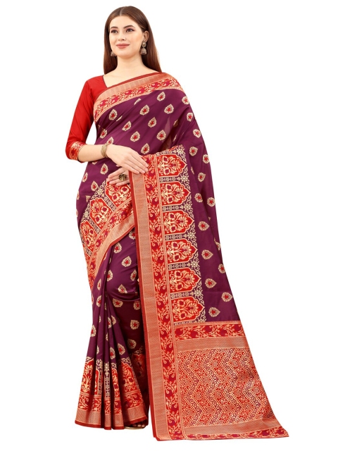 

MOKSHA DESIGNS Red & Burgundy Woven Design Zari Pure Silk Kanjeevaram Saree