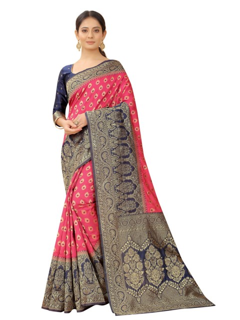 

MOKSHA DESIGNS Pink & Blue Woven Design Zari Pure Silk Kanjeevaram Saree