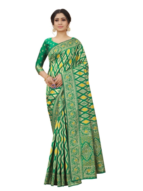 

MOKSHA DESIGNS Green & Mustard Woven Design Zari Pure Silk Kanjeevaram Saree