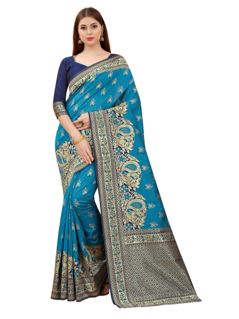 

MOKSHA DESIGNS Blue & Gold-Toned Ethnic Motifs Zari Pure Silk Kanjeevaram Saree