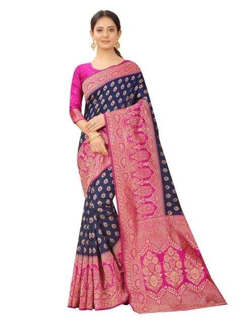 

MOKSHA DESIGNS Blue & Pink Woven Design Zari Pure Silk Kanjeevaram Saree