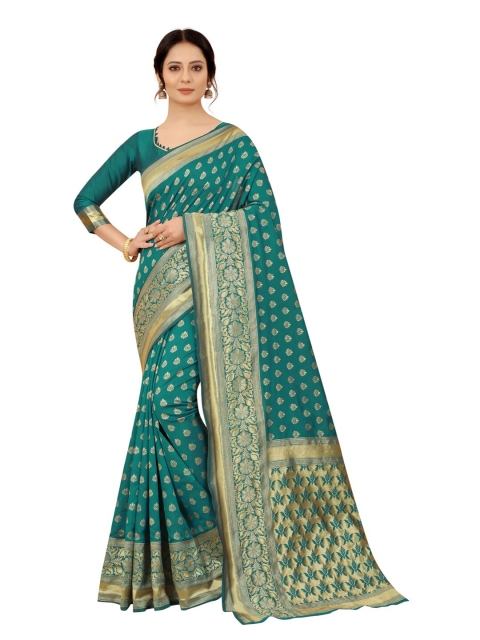 

MOKSHA DESIGNS Teal & Gold-Toned Woven Design Zari Pure Silk Kanjeevaram Saree