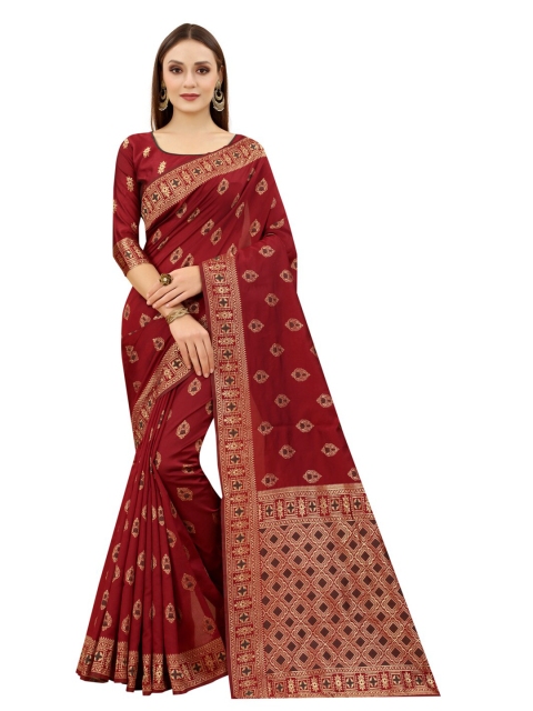 

MOKSHA DESIGNS Maroon & Gold-Toned Woven Design Zari Pure Silk Kanjeevaram Saree