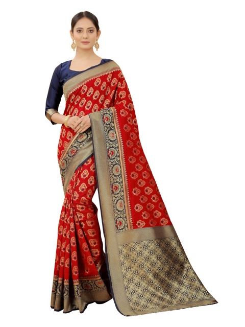 

MOKSHA DESIGNS Red & Blue Woven Design Zari Pure Silk Kanjeevaram Saree