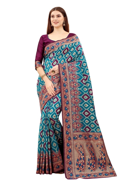 

MOKSHA DESIGNS Blue & Burgundy Woven Design Zari Pure Silk Kanjeevaram Saree