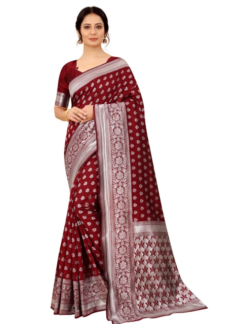 

MOKSHA DESIGNS Maroon & Silver-Toned Woven Design Zari Pure Silk Kanjeevaram Saree