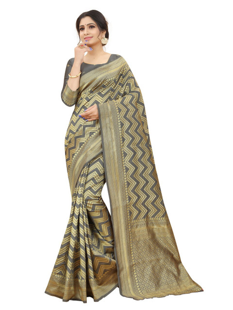 

MOKSHA DESIGNS Grey & Gold-Toned Zari Pure Silk Kanjeevaram Saree