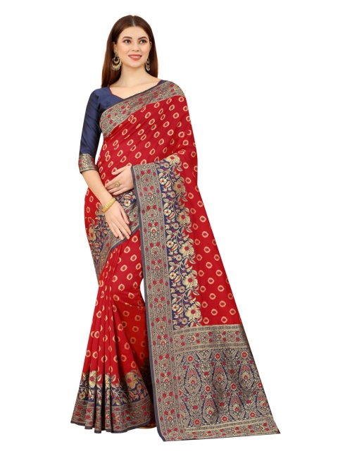 

MOKSHA DESIGNS Red & Blue Woven Design Zari Pure Silk Kanjeevaram Saree