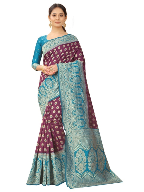 

MOKSHA DESIGNS Burgundy & Blue Ethnic Motifs Zari Pure Silk Kanjeevaram Saree