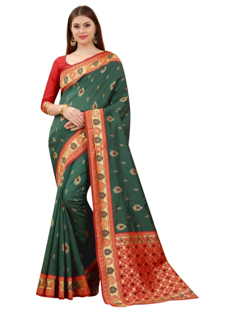 

MOKSHA DESIGNS Green & Red Ethnic Motifs Zari Pure Silk Kanjeevaram Saree