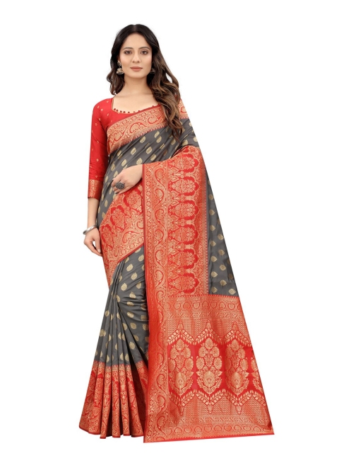 

MOKSHA DESIGNS Grey & Red Floral Zari Pure Silk Kanjeevaram Saree