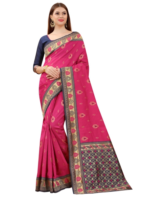 

MOKSHA DESIGNS Pink & Blue Woven Design Zari Pure Silk Kanjeevaram Saree