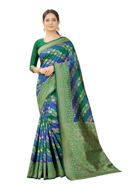 

MOKSHA DESIGNS Green & Blue Woven Design Zari Pure Silk Kanjeevaram Saree