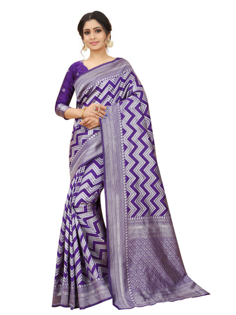 

MOKSHA DESIGNS Purple & Silver-Toned Zari Pure Silk Kanjeevaram Saree