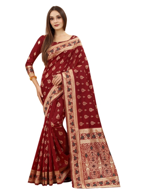 

MOKSHA DESIGNS Maroon & Gold-Toned Ethnic Motifs Zari Pure Silk Kanjeevaram Saree