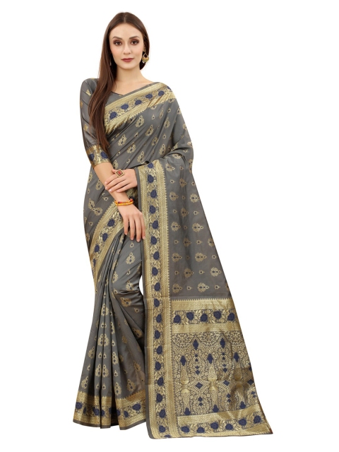 

MOKSHA DESIGNS Grey & Gold-Toned Woven Design Zari Pure Silk Kanjeevaram Saree