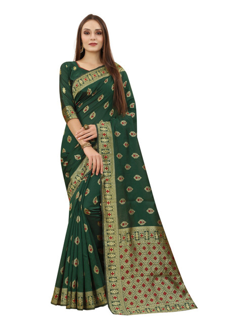 

MOKSHA DESIGNS Green & Gold-Toned Ethnic Motifs Zari Pure Silk Kanjeevaram Saree