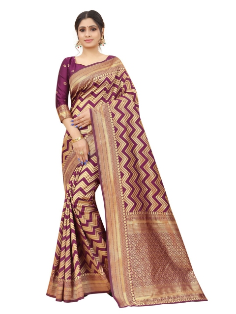 

MOKSHA DESIGNS Burgundy & Gold-Toned Woven Design Zari Pure Silk Kanjeevaram Saree