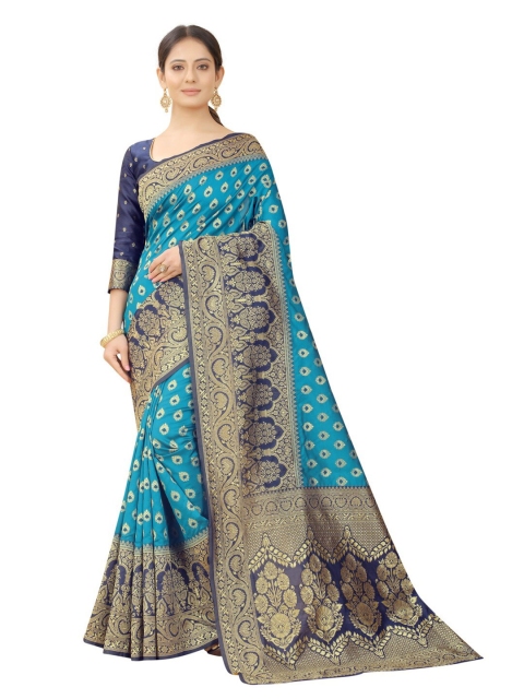 

MOKSHA DESIGNS Blue & Navy Blue Ethnic Motifs Zari Pure Silk Kanjeevaram Saree