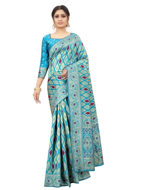 

MOKSHA DESIGNS Blue & Gold-Toned Woven Design Zari Pure Silk Kanjeevaram Saree