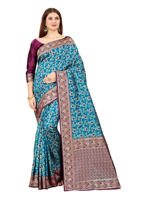 

MOKSHA DESIGNS Blue & Burgundy Woven Design Zari Pure Silk Kanjeevaram Saree