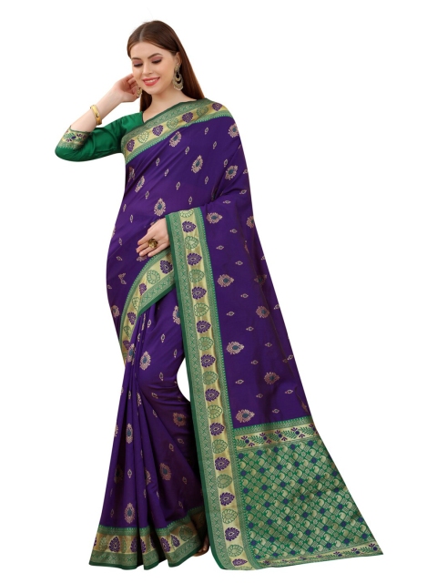 

MOKSHA DESIGNS Purple & Green Woven Design Zari Pure Silk Kanjeevaram Saree