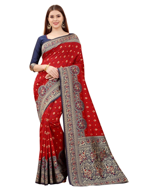 

MOKSHA DESIGNS Red & Navy Blue Woven Design Zari Pure Silk Kanjeevaram Saree