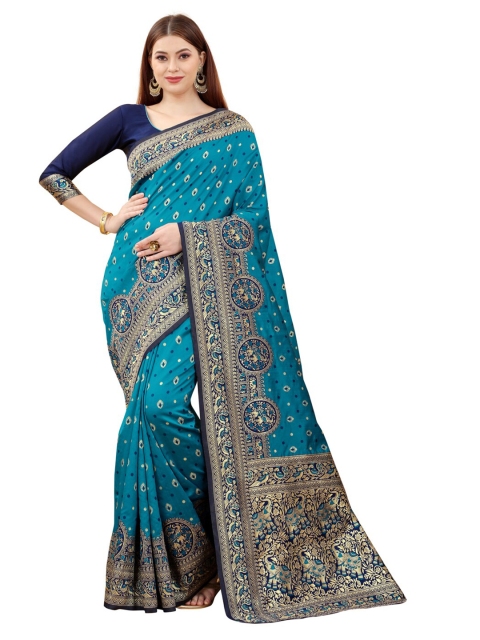 

MOKSHA DESIGNS Blue & Gold-Toned Woven Design Zari Pure Silk Kanjeevaram Saree