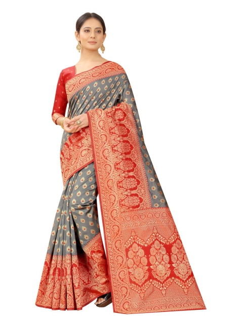 

MOKSHA DESIGNS Grey & Red Woven Design Zari Pure Silk Kanjeevaram Saree