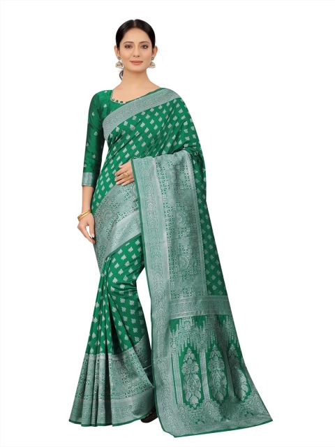 

MOKSHA DESIGNS Green & Silver-Toned Woven Design Zari Pure Silk Kanjeevaram Saree