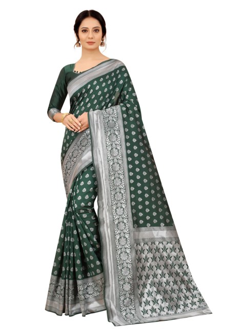 

MOKSHA DESIGNS Green & Silver-Toned Woven Design Zari Pure Silk Kanjeevaram Saree