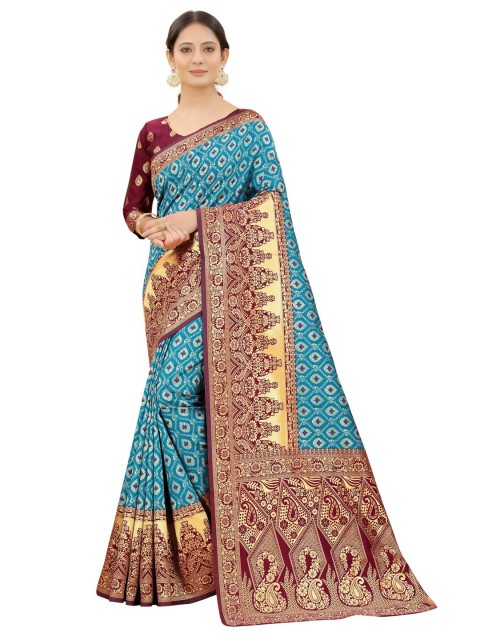 

MOKSHA DESIGNS Turquoise Blue & Burgundy Woven Design Zari Pure Silk Kanjeevaram Saree