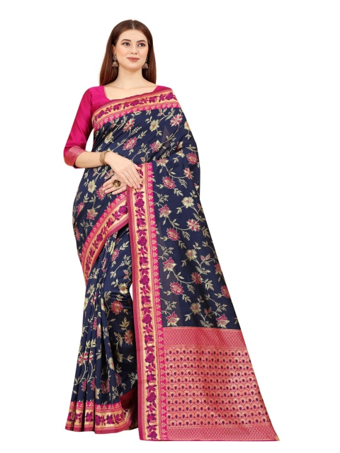 

MOKSHA DESIGNS Navy Blue & Pink Floral Zari Pure Silk Kanjeevaram Saree