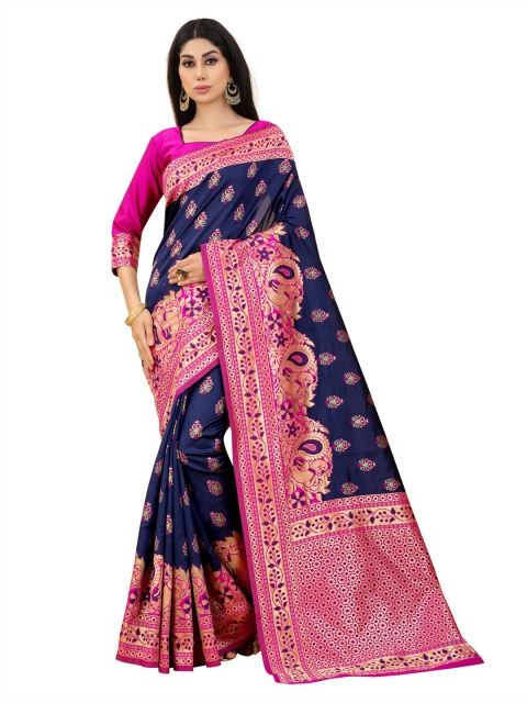 

MOKSHA DESIGNS Navy Blue & Pink Ethnic Motifs Zari Pure Silk Kanjeevaram Saree
