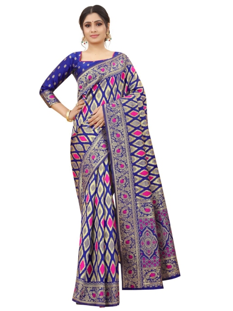 

MOKSHA DESIGNS Navy Blue & Pink Woven Design Zari Pure Silk Kanjeevaram Saree