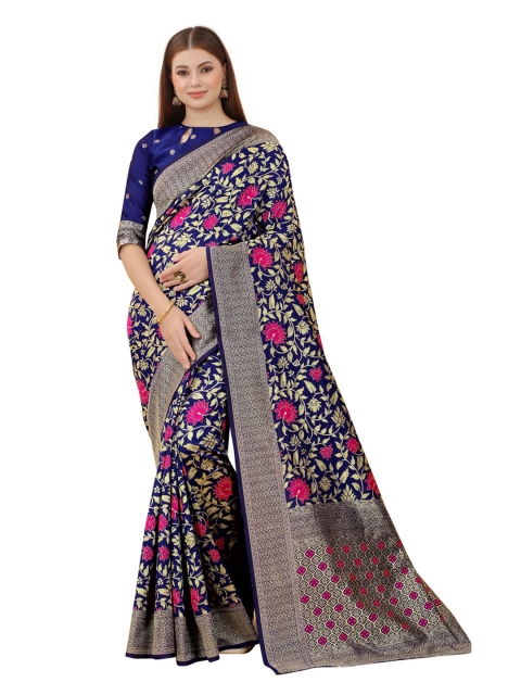 

MOKSHA DESIGNS Navy Blue & Pink Woven Design Zari Pure Silk Kanjeevaram Saree