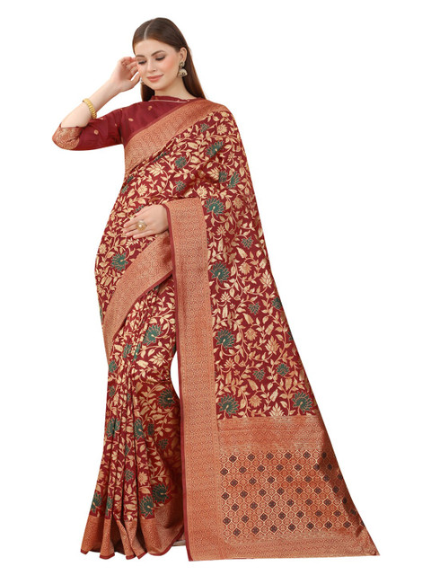 

MOKSHA DESIGNS Maroon & Gold-Toned Woven Design Zari Pure Silk Kanjeevaram Saree