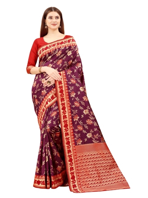 

MOKSHA DESIGNS Purple & Red Woven Design Zari Pure Silk Kanjeevaram Saree