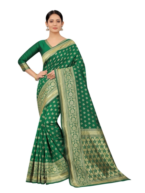 

MOKSHA DESIGNS Green & Gold-Toned Woven Design Zari Pure Silk Kanjeevaram Saree