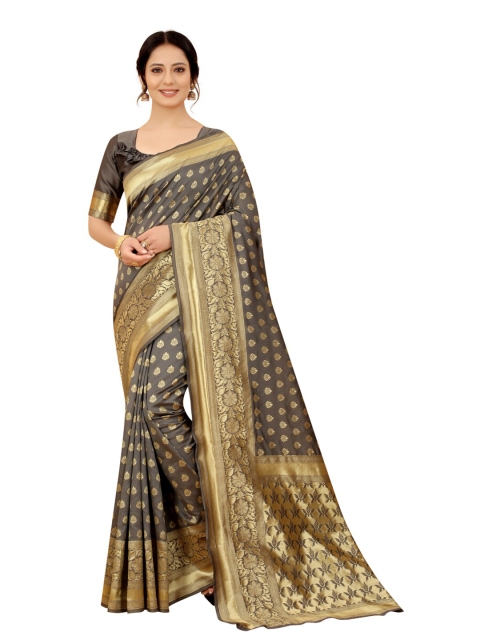 

MOKSHA DESIGNS Grey & Gold-Toned Ethnic Motifs Zari Pure Silk Kanjeevaram Saree