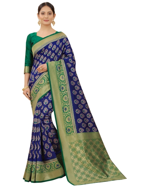 

MOKSHA DESIGNS Navy Blue & Green Woven Design Zari Pure Silk Kanjeevaram Saree