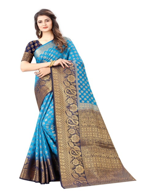

MOKSHA DESIGNS Blue & Gold-Toned Woven Design Zari Pure Silk Kanjeevaram Saree