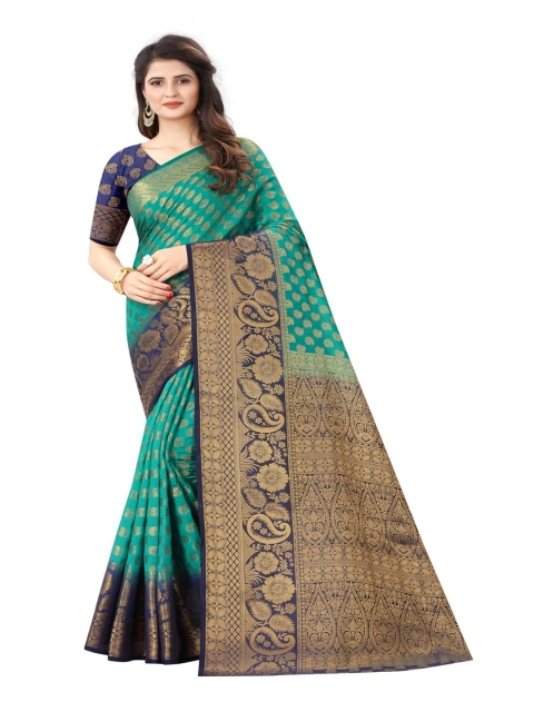 

MOKSHA DESIGNS Green & Navy Blue Woven Design Zari Pure Silk Kanjeevaram Saree