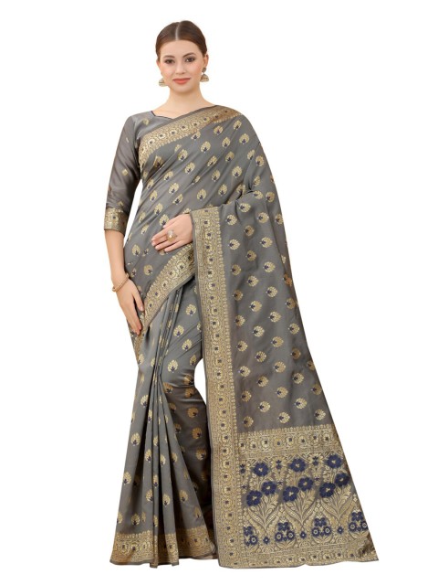 

MOKSHA DESIGNS Grey & Gold-Toned Woven Design Zari Pure Silk Kanjeevaram Saree