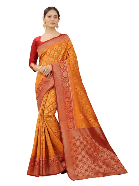 

MOKSHA DESIGNS Orange & Red Woven Design Zari Pure Silk Kanjeevaram Saree